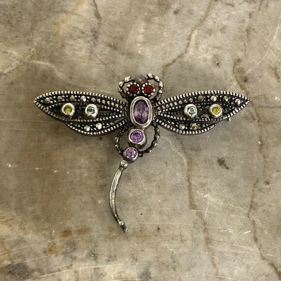 Oxidized Sterling Silver 925 Marcasite & Multi Color CZ Dragonfly Insect Brooch - Picture 1 of 16